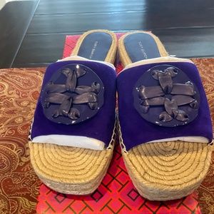 Tory Burch Woven Double T Espadrille Slides in deep purple,  BNIB,Msrp$258